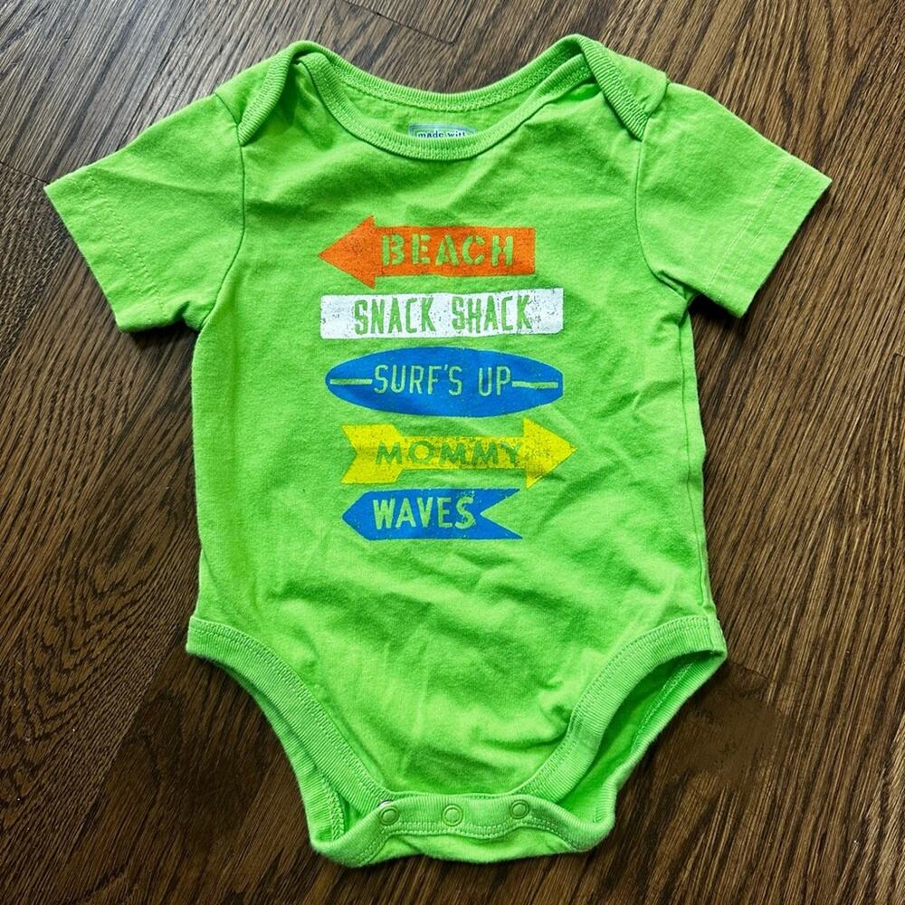 Children’s Place Beach Surf Shack neon green baby bodysuit onesie (0-3M or 3-6M)